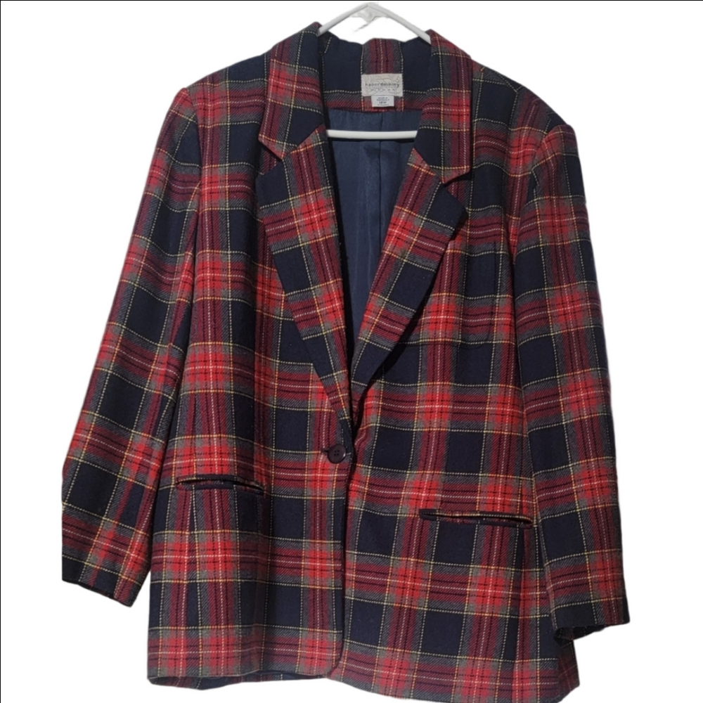 Vintage Red and Black Plaid Wool Blazer, Office, Classic, Holiday. Size 18W